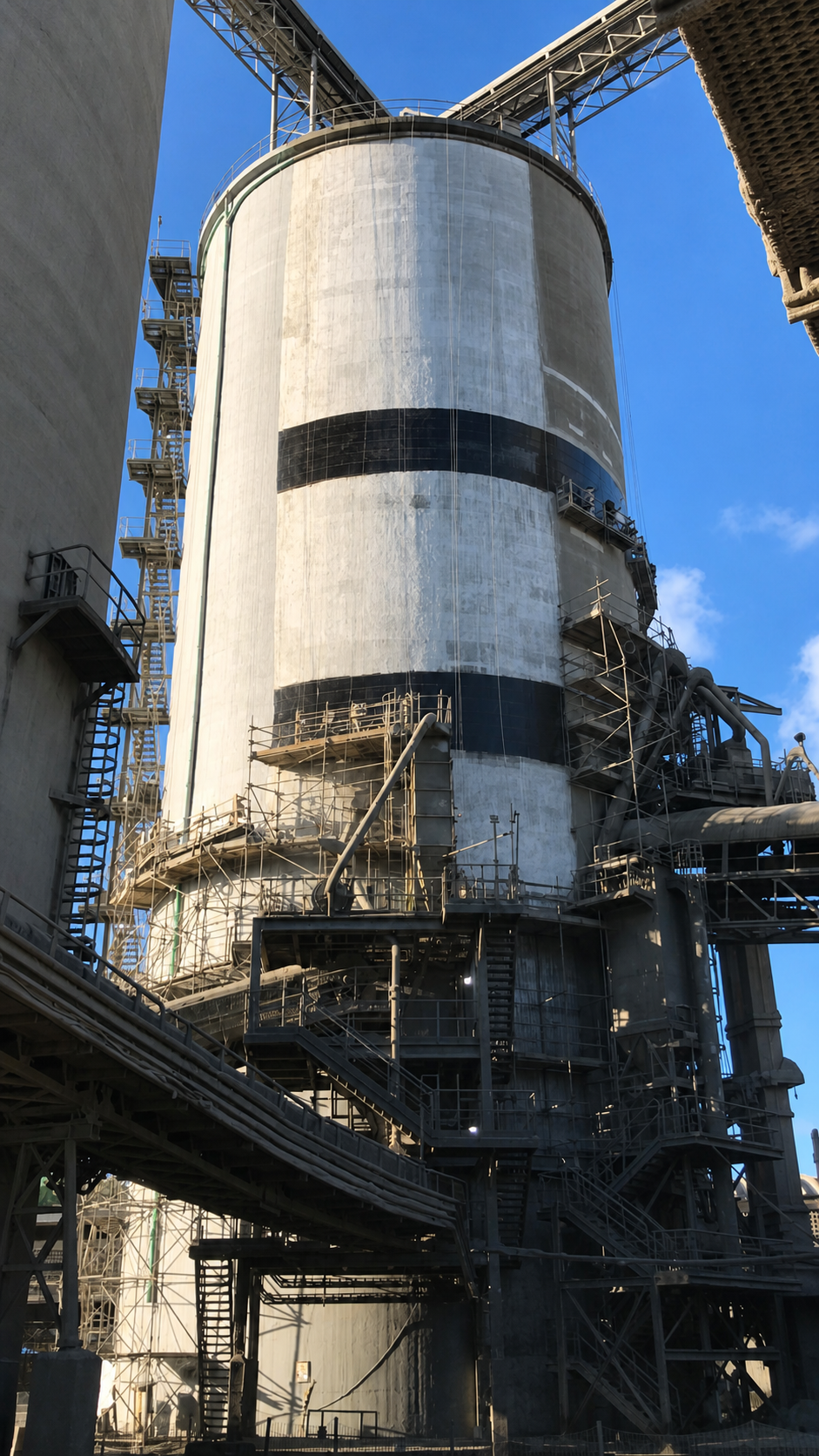 Vista geral do silo industrial com faixas de reforço em fibra de carbono